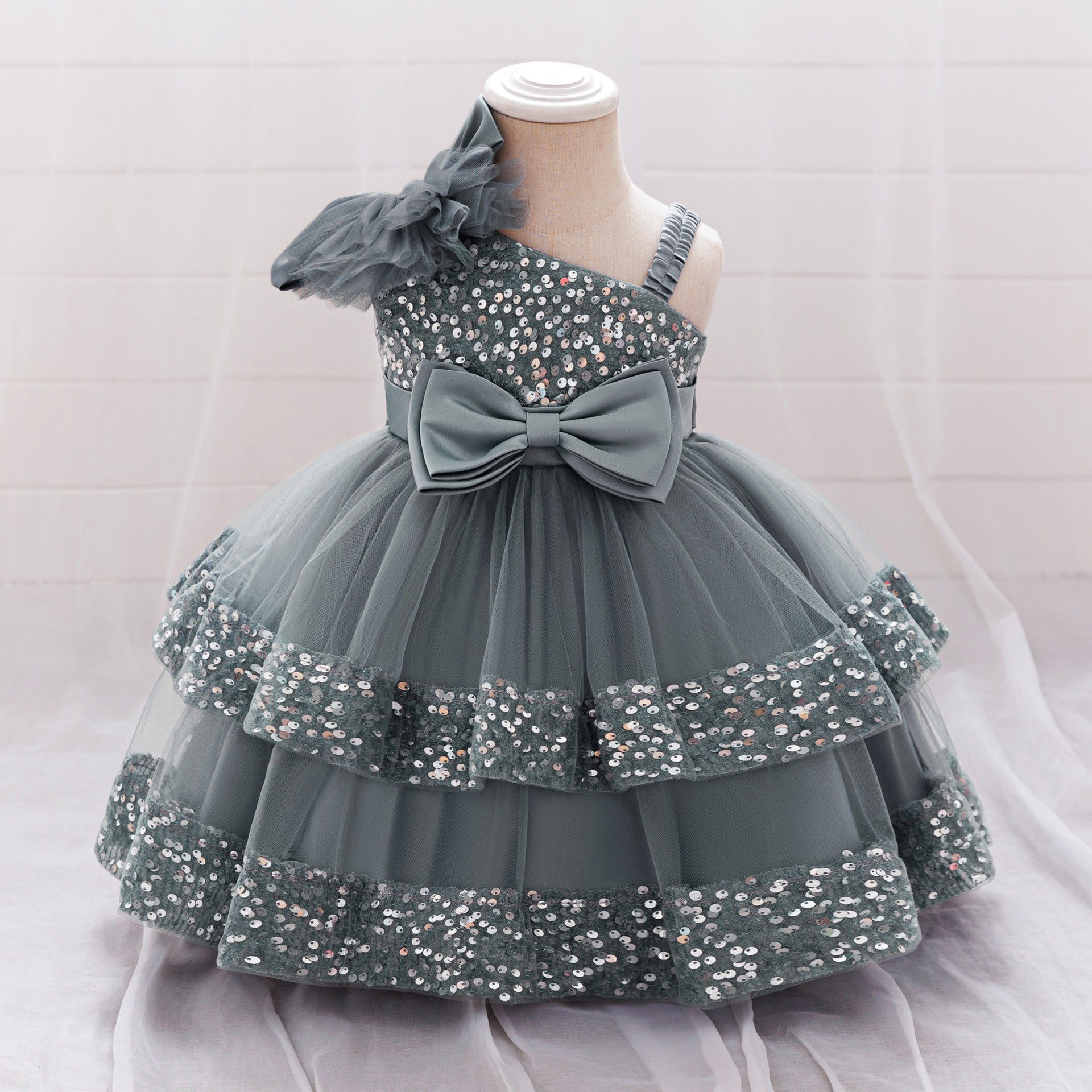 Puffy Sequin Princess Ball Gown Dress for Girls Tea Length – Cute Off Shoulder Flower Girl Outfit