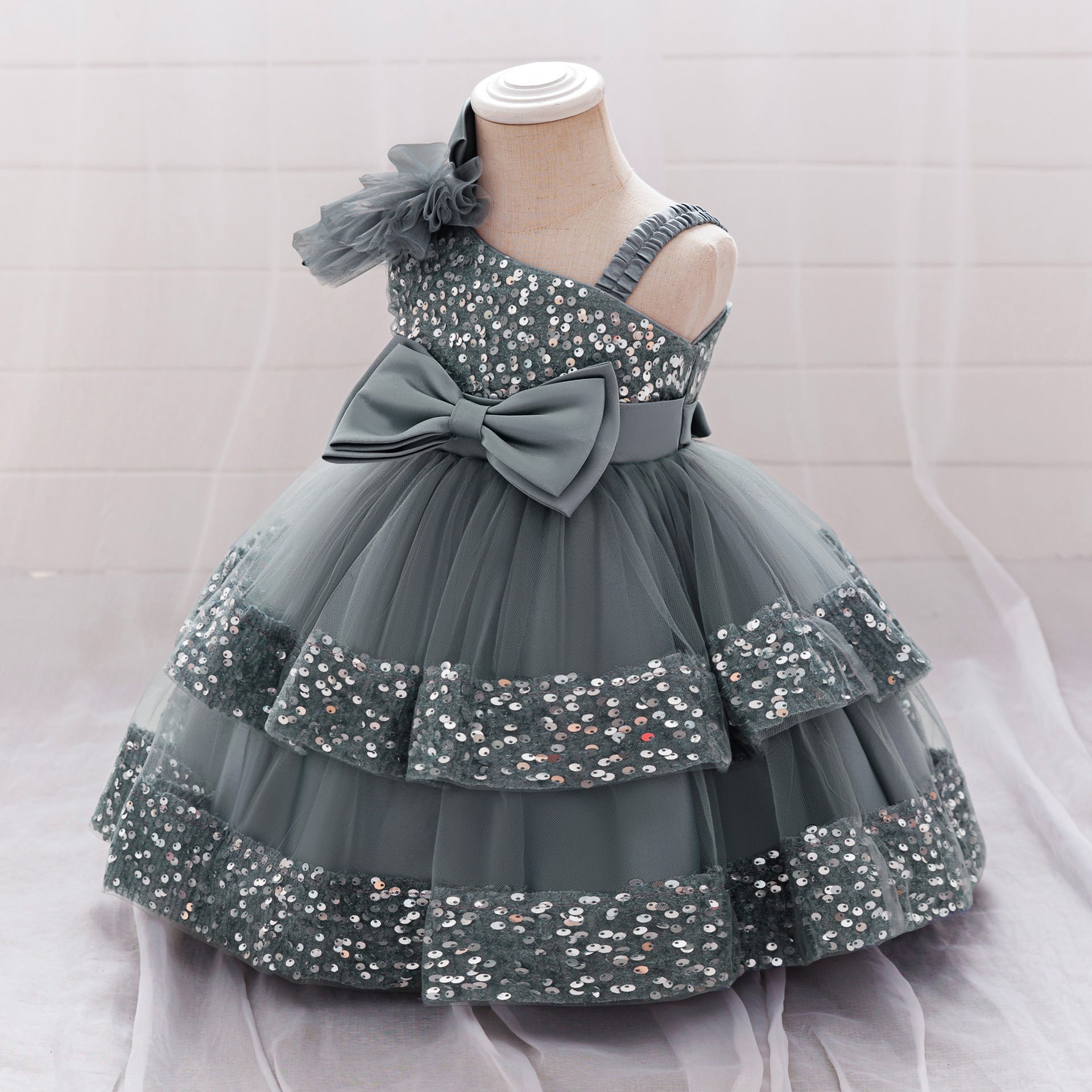 Puffy Sequin Princess Ball Gown Dress for Girls Tea Length – Cute Off Shoulder Flower Girl Outfit