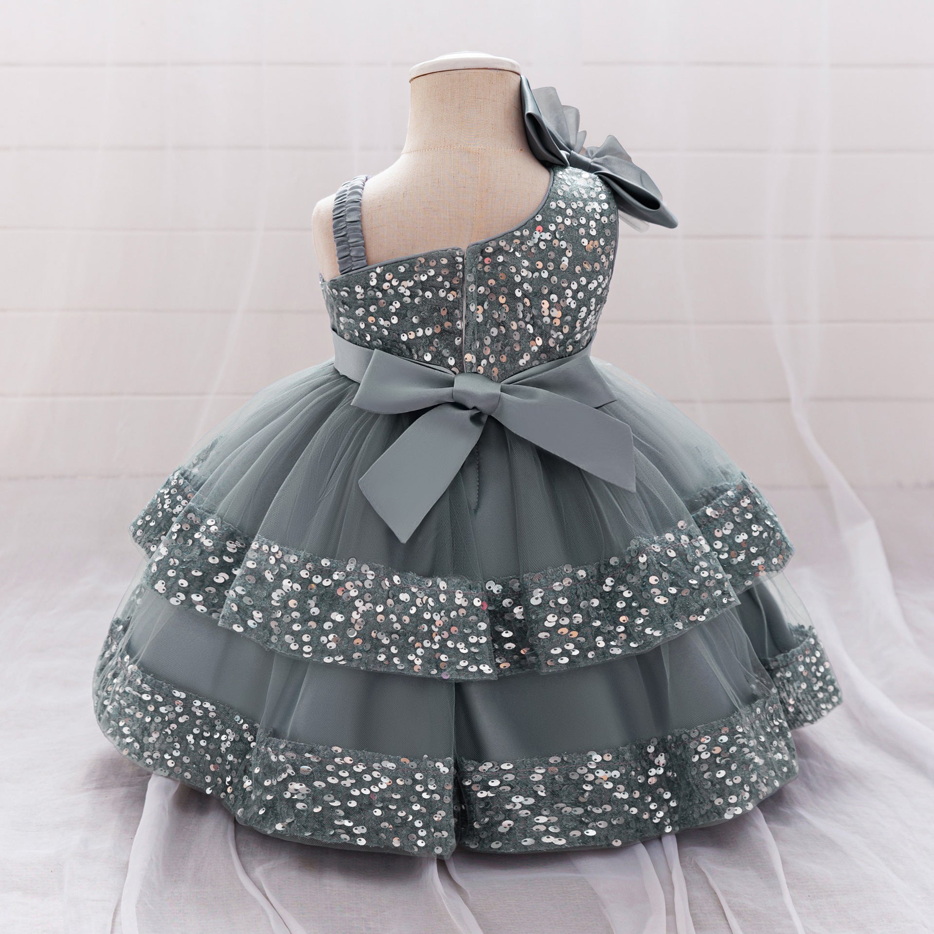 Puffy Sequin Princess Ball Gown Dress for Girls Tea Length – Cute Off Shoulder Flower Girl Outfit