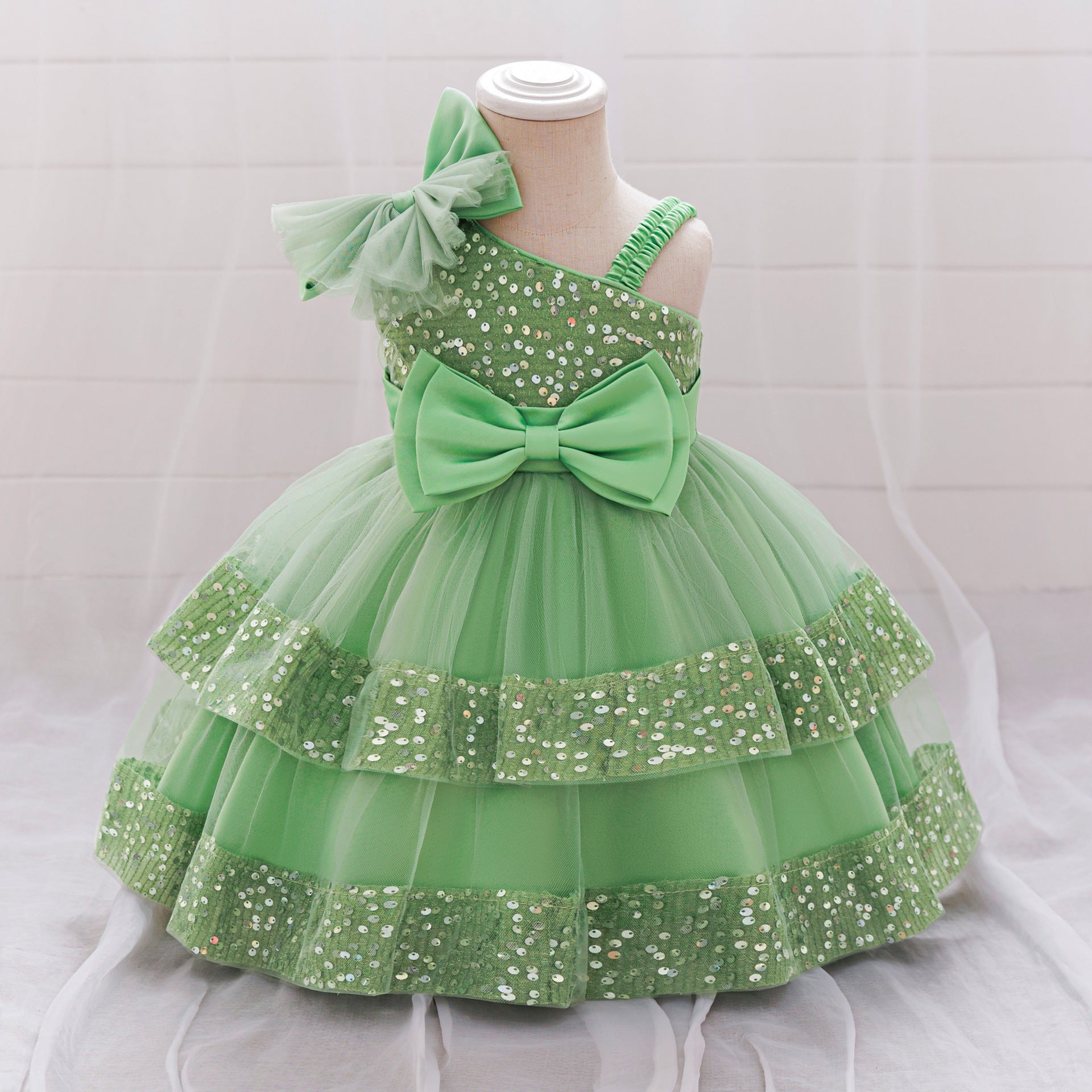 Puffy Sequin Princess Ball Gown Dress for Girls Tea Length – Cute Off Shoulder Flower Girl Outfit