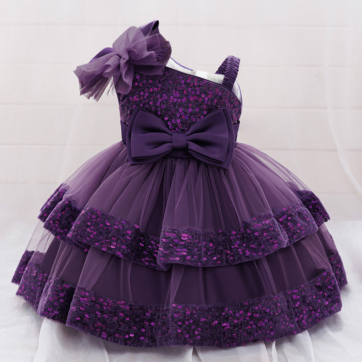 Puffy Sequin Princess Ball Gown Dress for Girls Tea Length – Cute Off Shoulder Flower Girl Outfit