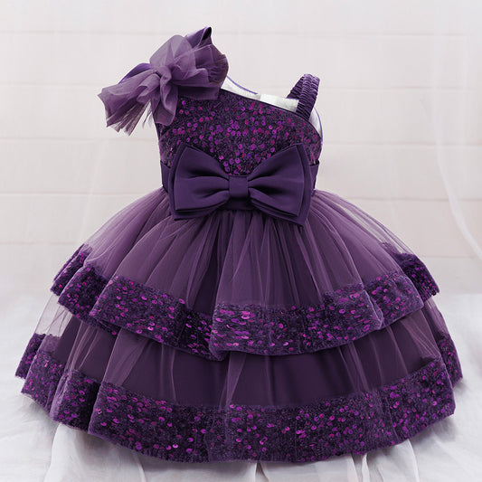 Puffy Sequin Princess Ball Gown Dress for Girls Tea Length – Cute Off Shoulder Flower Girl Outfit