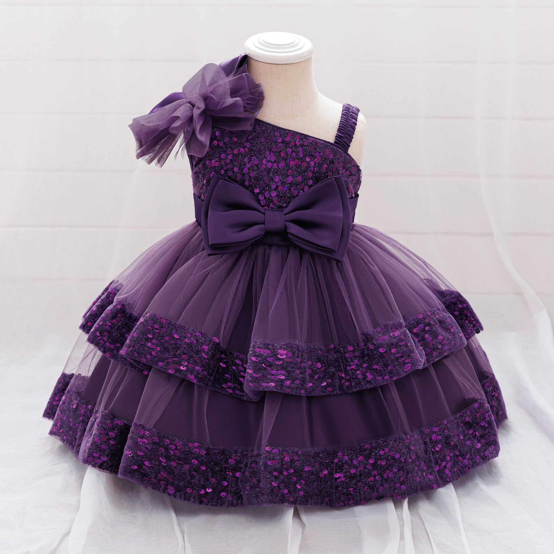 Puffy Sequin Princess Ball Gown Dress for Girls Tea Length – Cute Off Shoulder Flower Girl Outfit