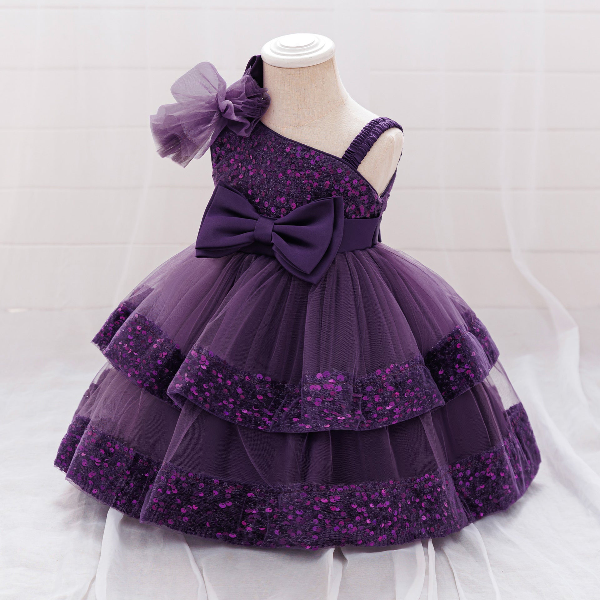 Puffy Sequin Princess Ball Gown Dress for Girls Tea Length – Cute Off Shoulder Flower Girl Outfit
