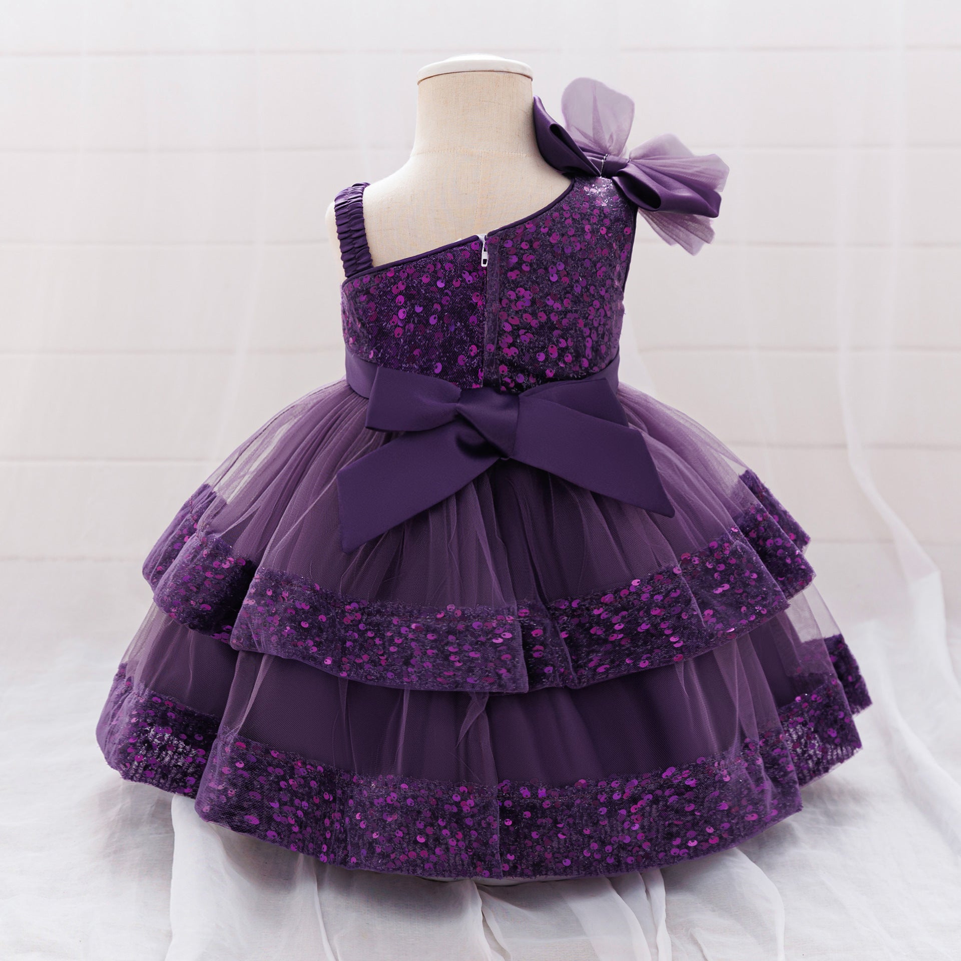 Puffy Sequin Princess Ball Gown Dress for Girls Tea Length – Cute Off Shoulder Flower Girl Outfit