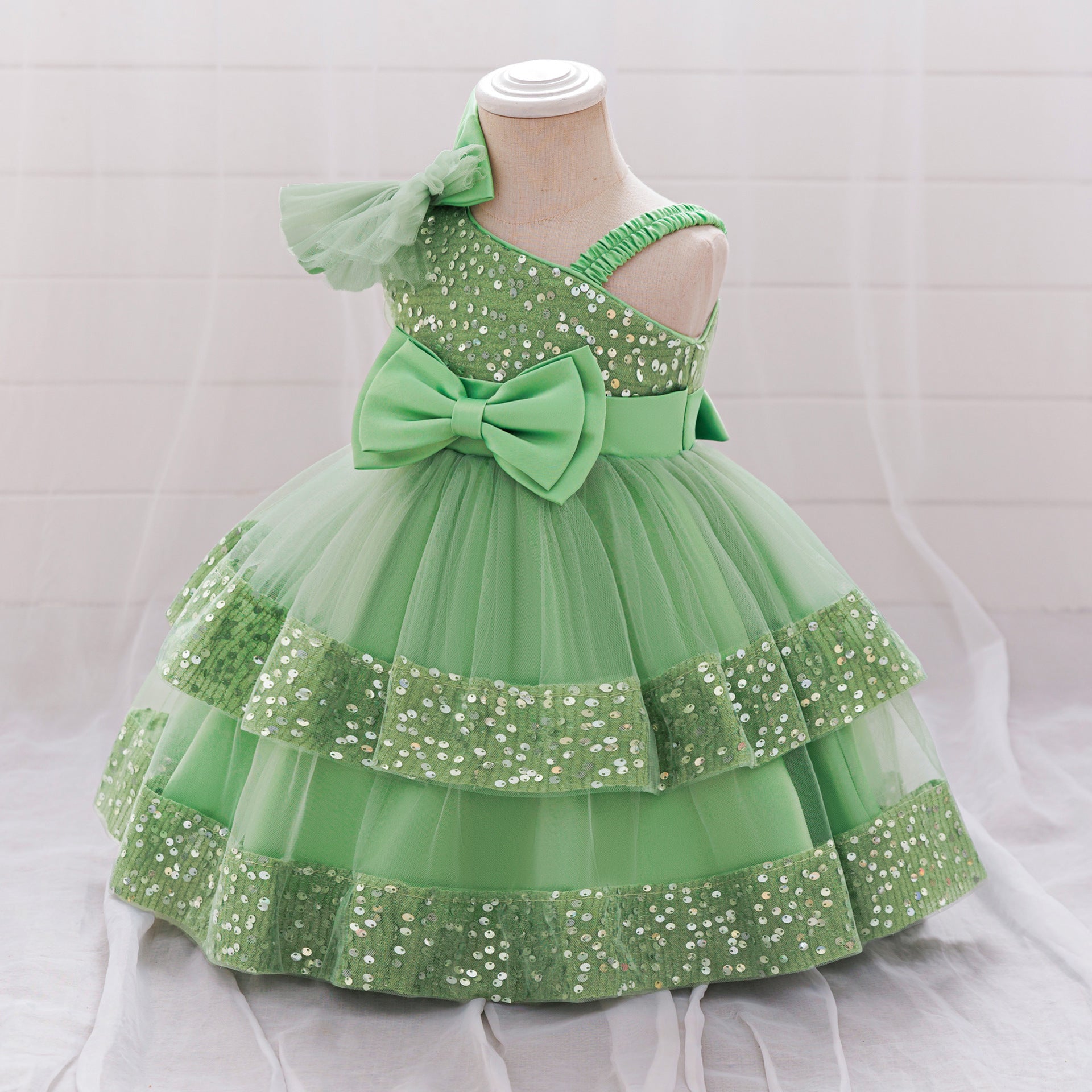 Puffy Sequin Princess Ball Gown Dress for Girls Tea Length – Cute Off Shoulder Flower Girl Outfit