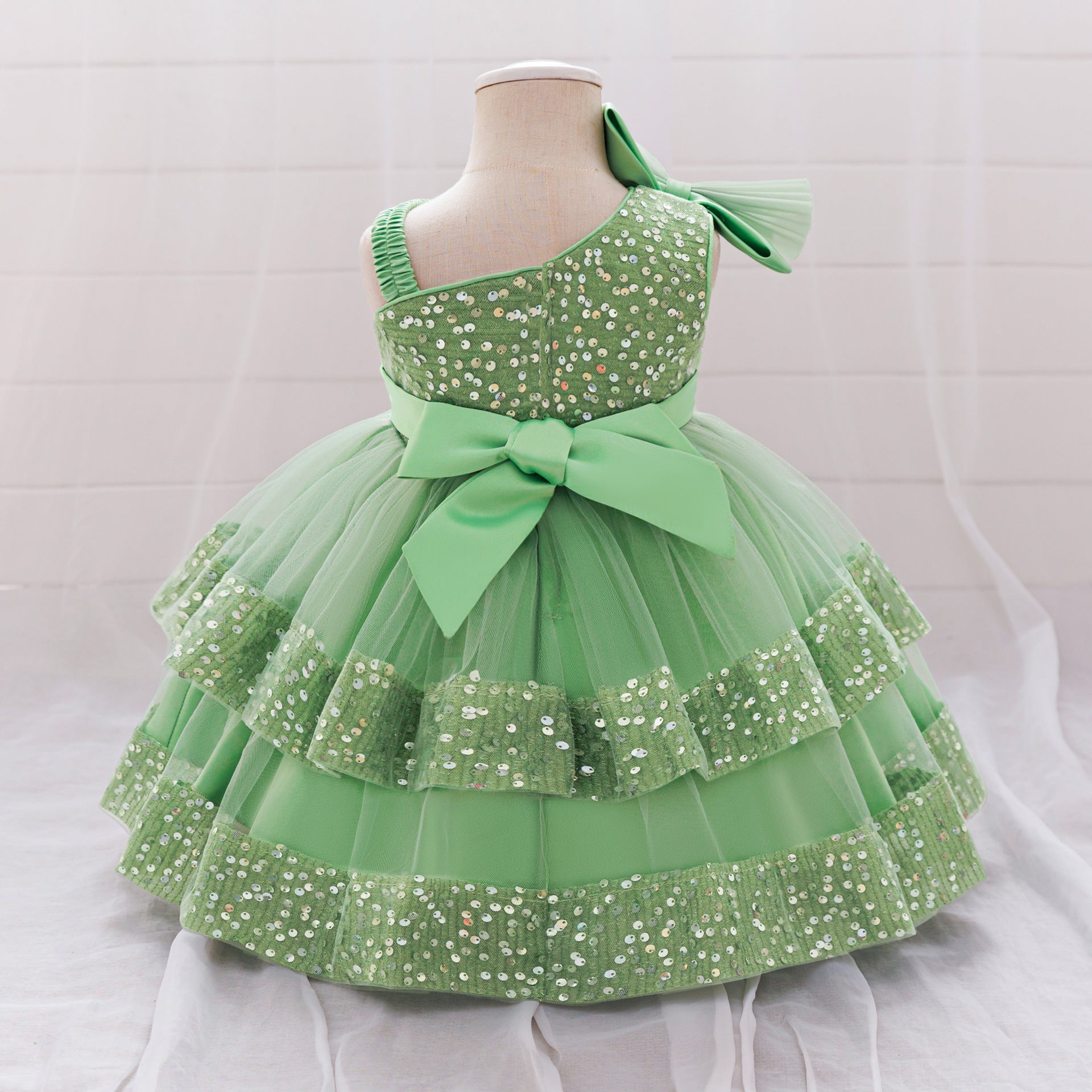 Puffy Sequin Princess Ball Gown Dress for Girls Tea Length – Cute Off Shoulder Flower Girl Outfit