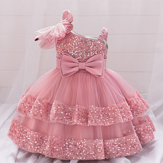 Puffy Sequin Princess Ball Gown Dress for Girls Tea Length – Cute Off Shoulder Flower Girl Outfit