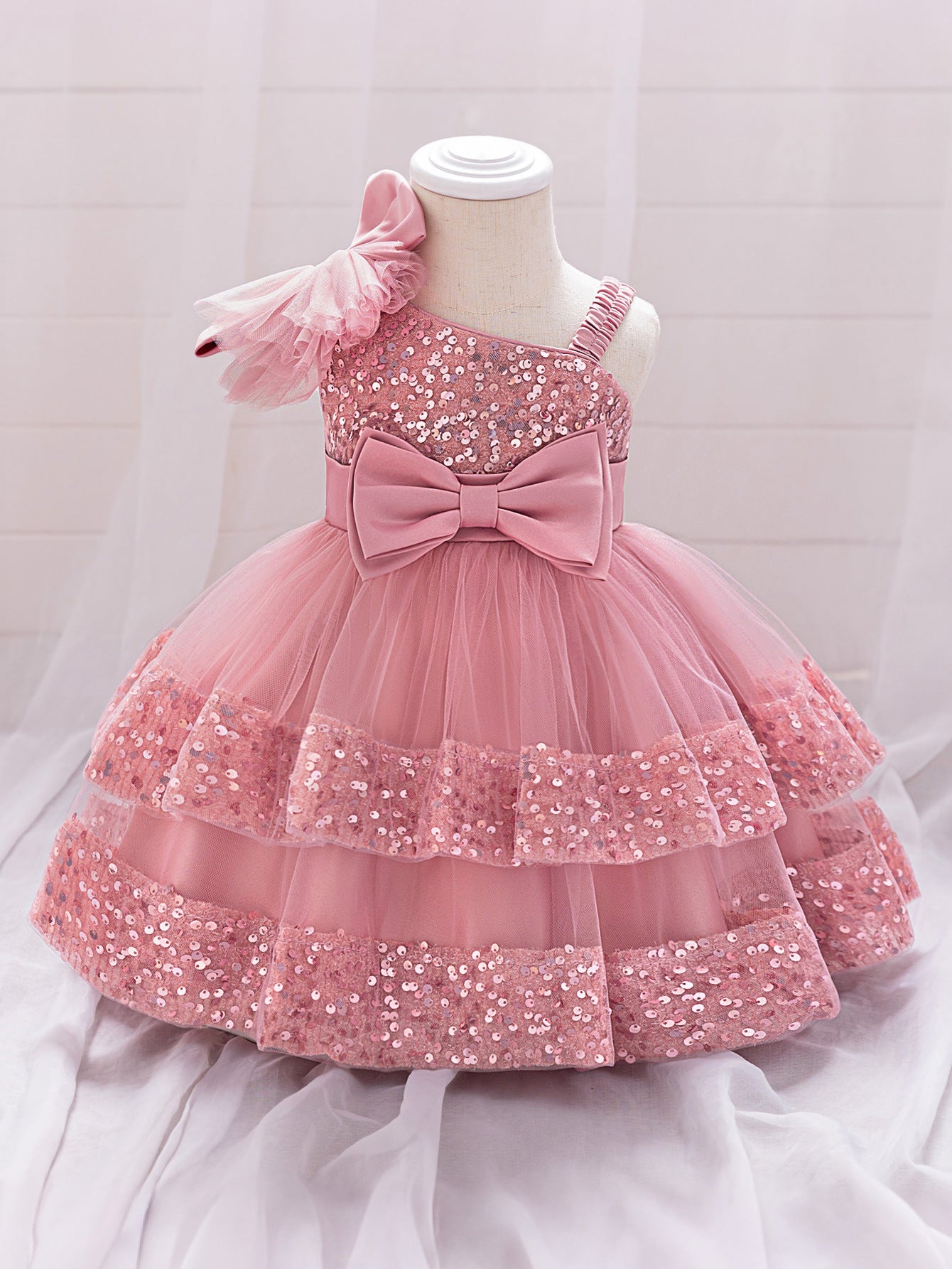 Puffy Sequin Princess Ball Gown Dress for Girls Tea Length – Cute Off Shoulder Flower Girl Outfit