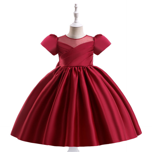 Puffy Tea-Length Satin Ball Gown Dress for Girls - Flower Girl & Party Wear