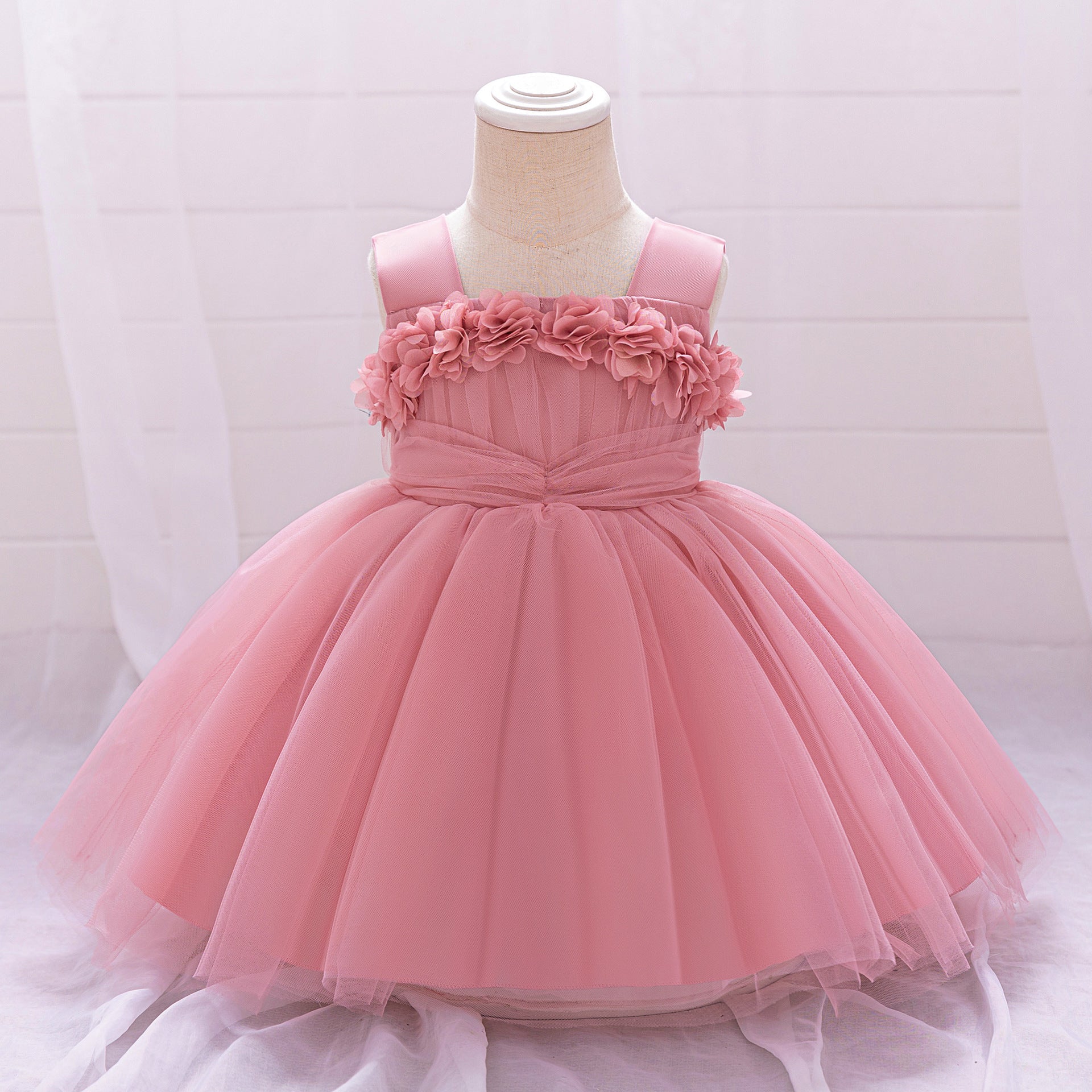 Cute Tea-Length Tulle Puffy Baby Party Dress with Flowers - Square Neck