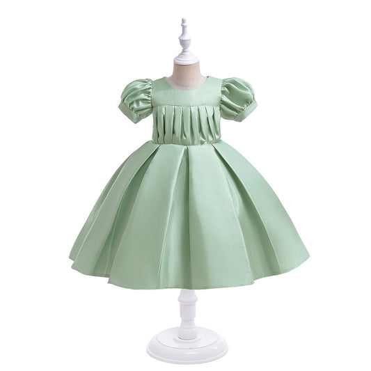 Tea-Length Satin Princess Dress for Girls with Puff Sleeves