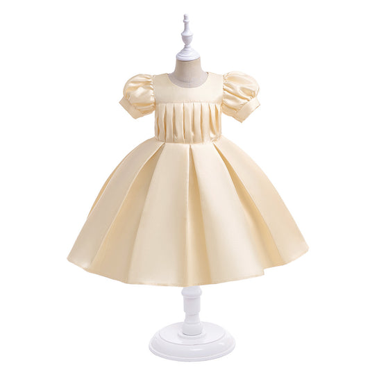 Tea-Length Satin Princess Dress for Girls with Puff Sleeves