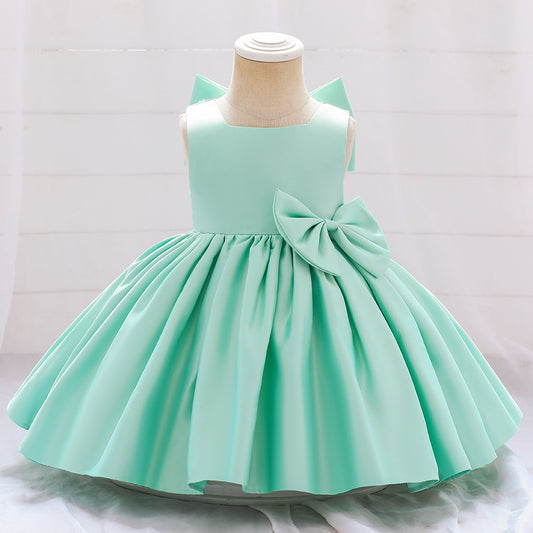 Adorable Satin Bow A-Line Tea Length Dress for Girls (3-10 Years)