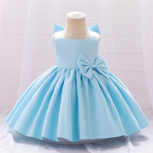 Adorable Satin Bow A-Line Tea Length Dress for Girls (3-10 Years)