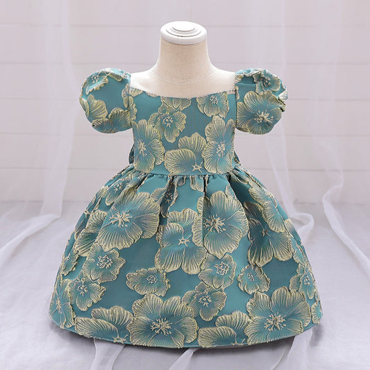 Adorable Satin Floral Princess Dress for Baby Girls | Tea Length Bubble Sleeve Party Dress