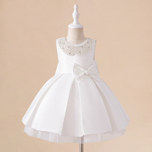 White Satin A-Line Flower Girl Dress with Bow & Sequins for Girls 3-8 Years