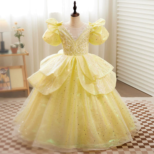 Yellow Sequin Maxi Princess Dress for Girls | Cute A-Line Formal Gown