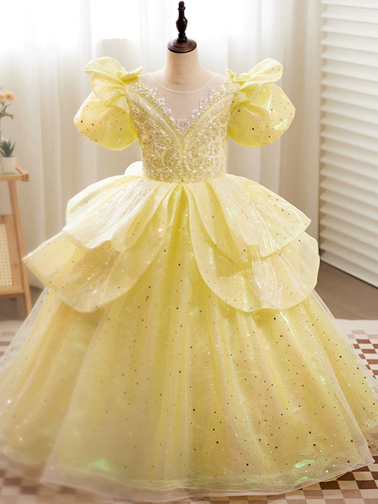 Yellow Sequin Maxi Princess Dress for Girls | Cute A-Line Formal Gown