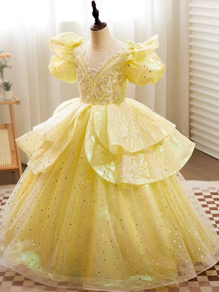 Yellow Sequin Maxi Princess Dress for Girls | Cute A-Line Formal Gown