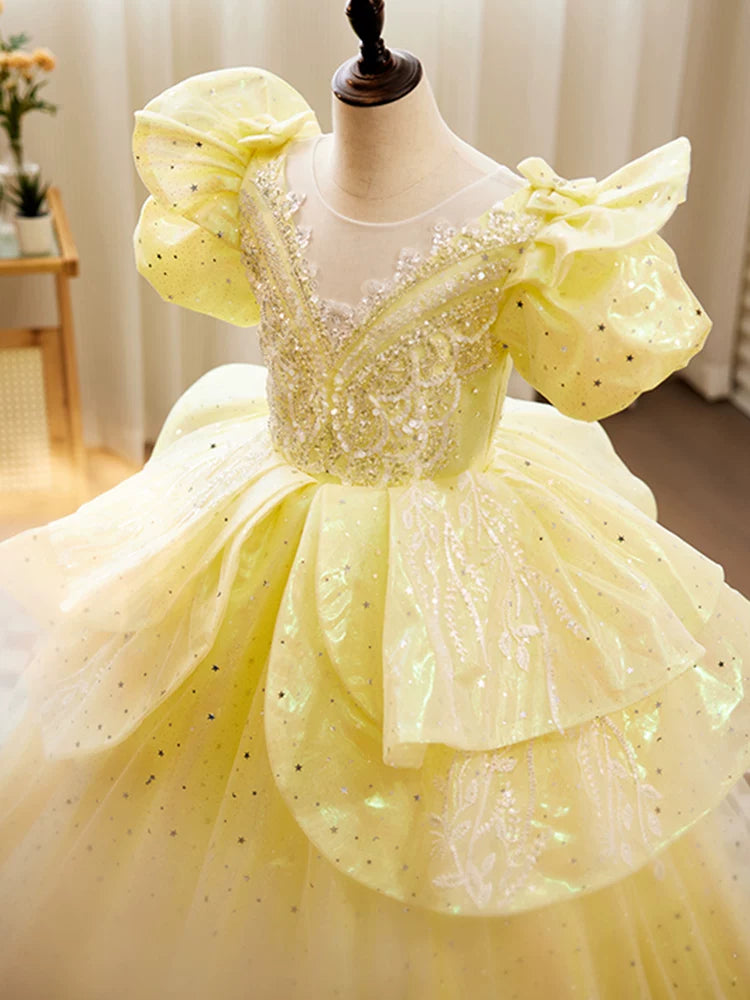 Yellow Sequin Maxi Princess Dress for Girls | Cute A-Line Formal Gown