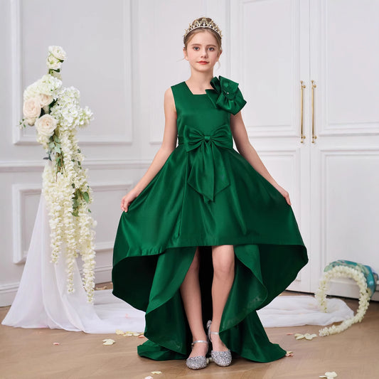 Dark Green A-Line Satin Bowknot Dress with Train for Girls | Party, Wedding, Formal