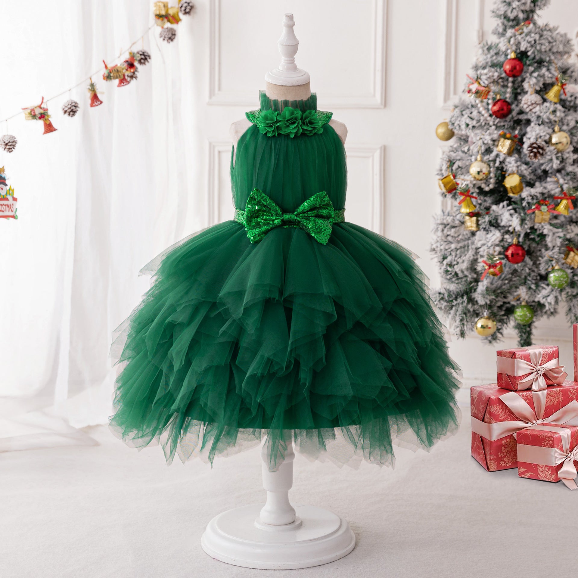 Dark Green Halter Princess Party Dress for Girls Tea Length
