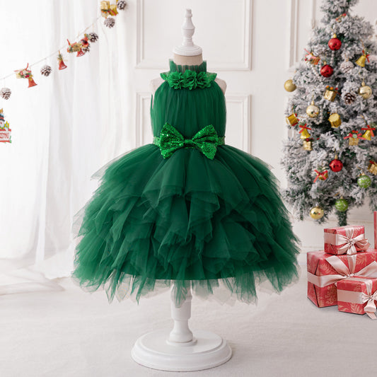 Dark Green Halter Princess Party Dress for Girls Tea Length
