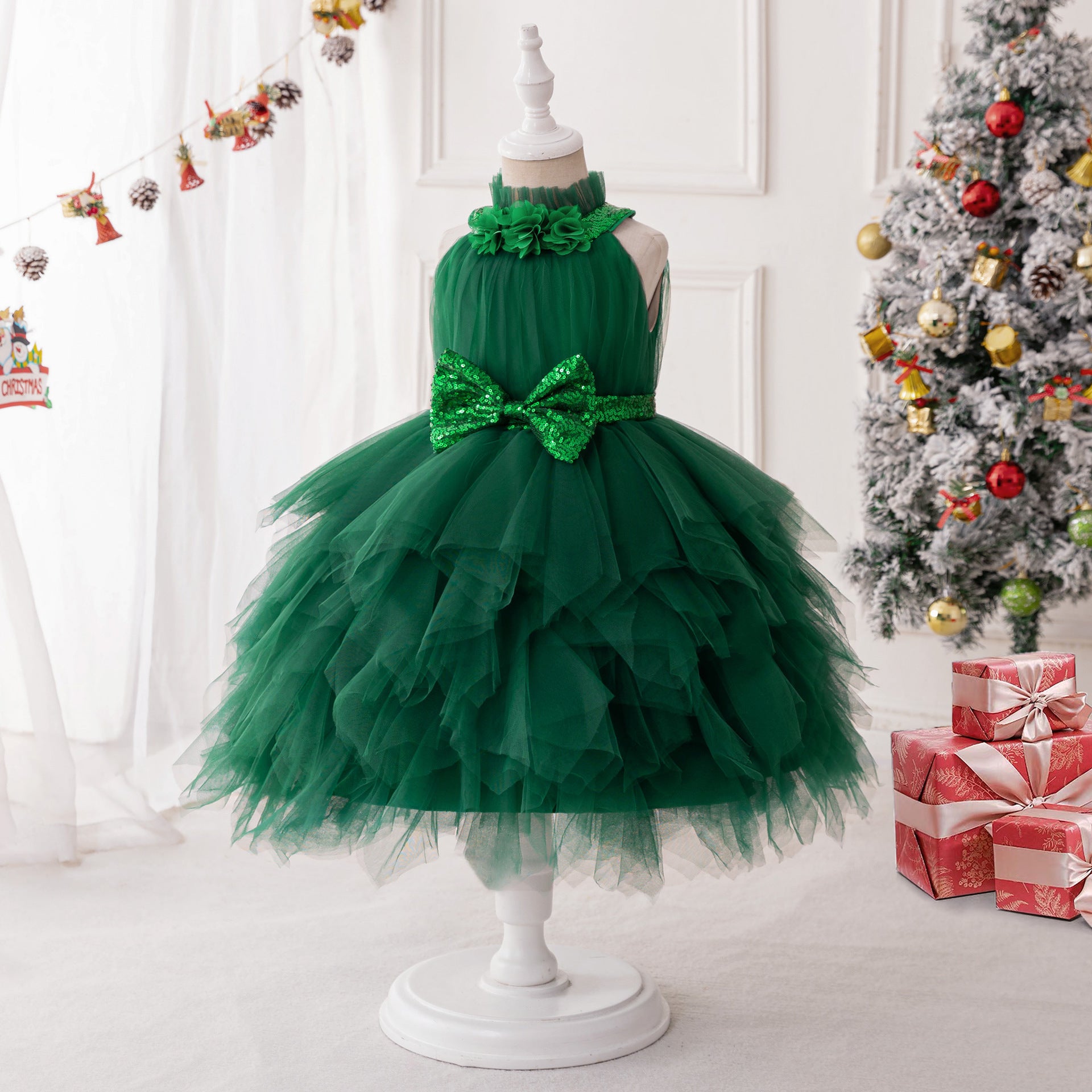 Dark Green Halter Princess Party Dress for Girls Tea Length