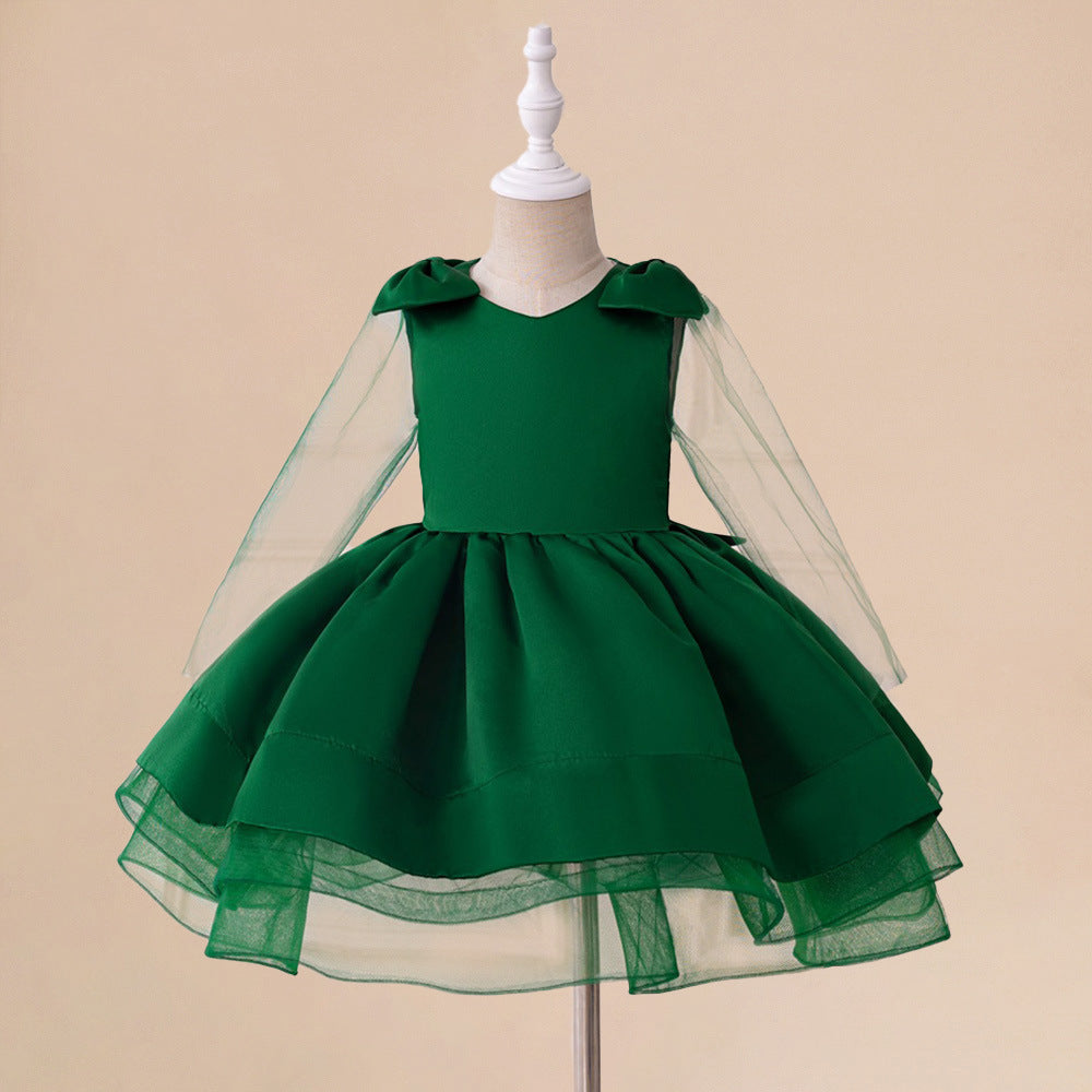Cute Dark Green Puffy Ball Gown Satin Dress for Girls | V-Neck Tea Length Princess Outfit