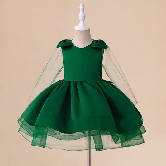Cute Dark Green Puffy Ball Gown Satin Dress for Girls | V-Neck Tea Length Princess Outfit