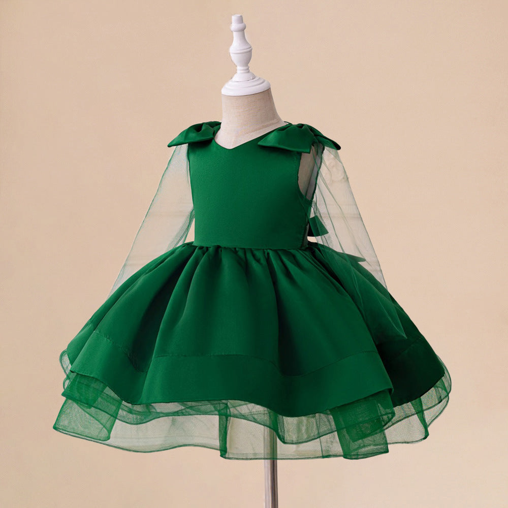 Cute Dark Green Puffy Ball Gown Satin Dress for Girls | V-Neck Tea Length Princess Outfit