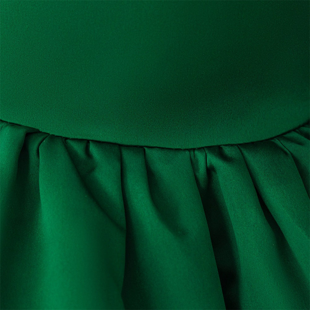 Cute Dark Green Puffy Ball Gown Satin Dress for Girls | V-Neck Tea Length Princess Outfit