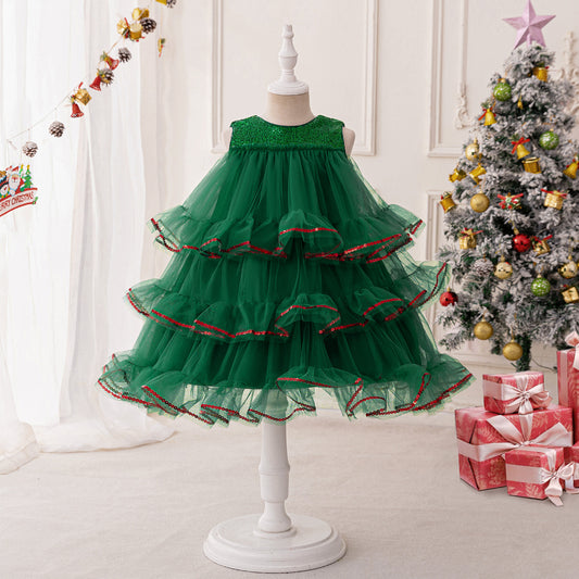 Dark Green Tiered Sequin Tulle Party Dress for Girls – Tea Length Festive Gown
