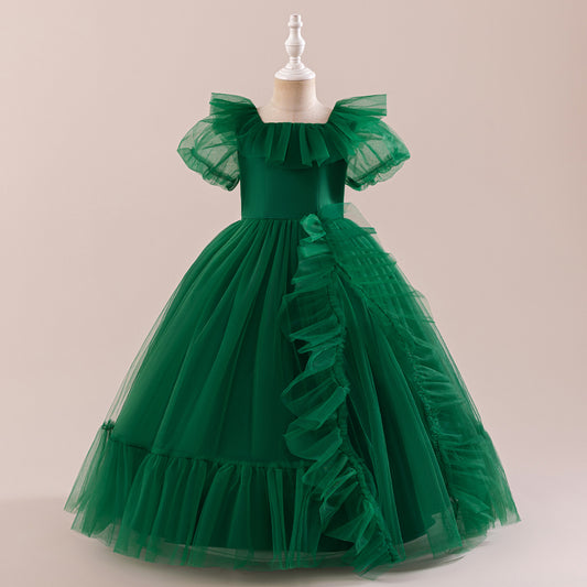 Dark Green Tiered Tulle Maxi Dress for Girls – Princess A-Line Party Gown