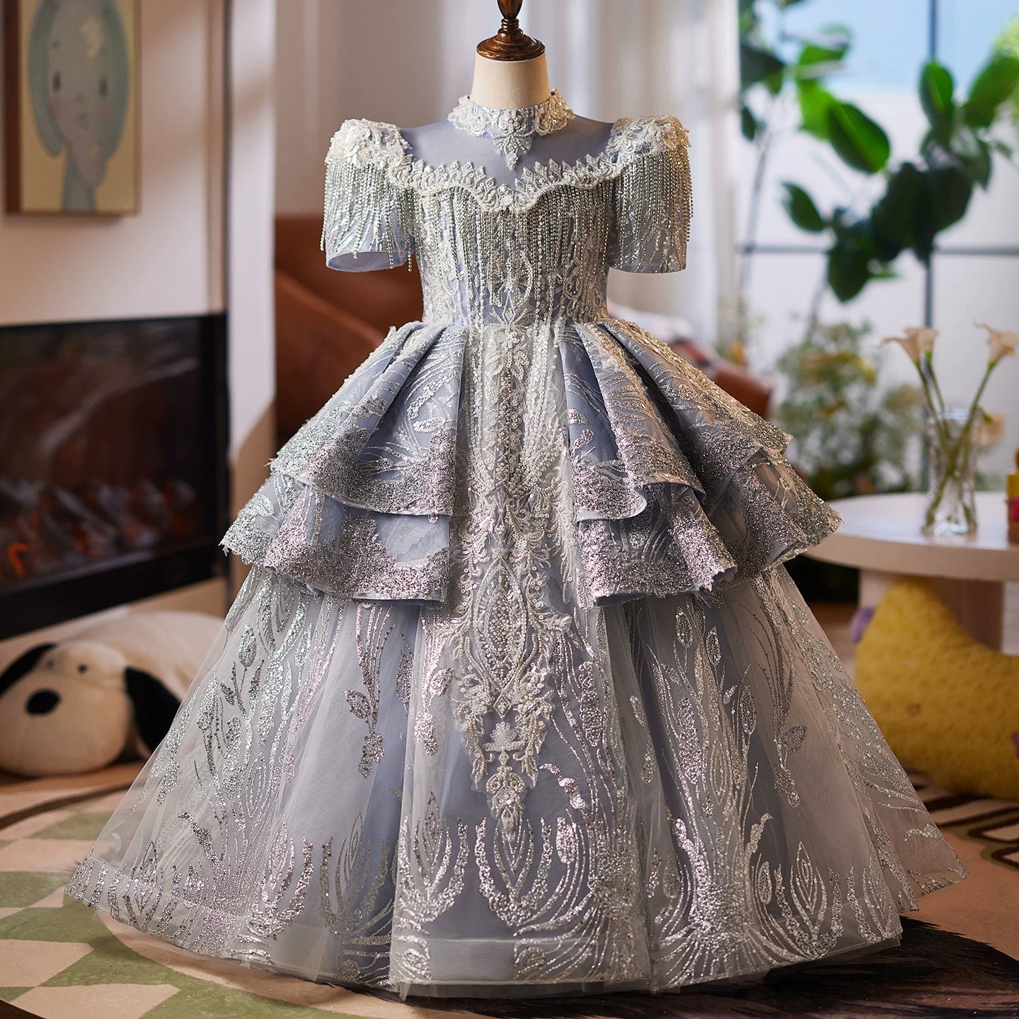 Dusty Blue Sequin Mesh Maxi Dress for Girls | Party & Flower Girl Gown