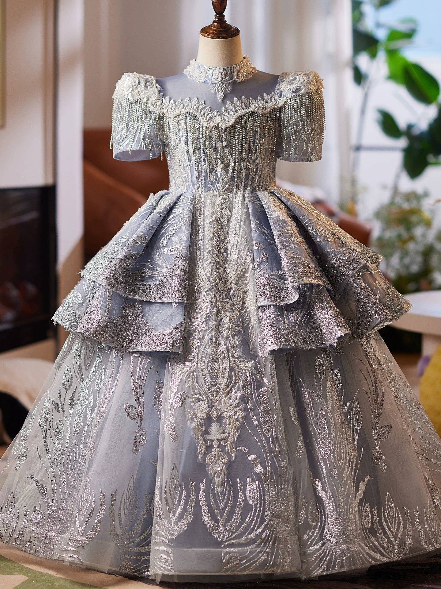 Dusty Blue Sequin Mesh Maxi Dress for Girls | Party & Flower Girl Gown