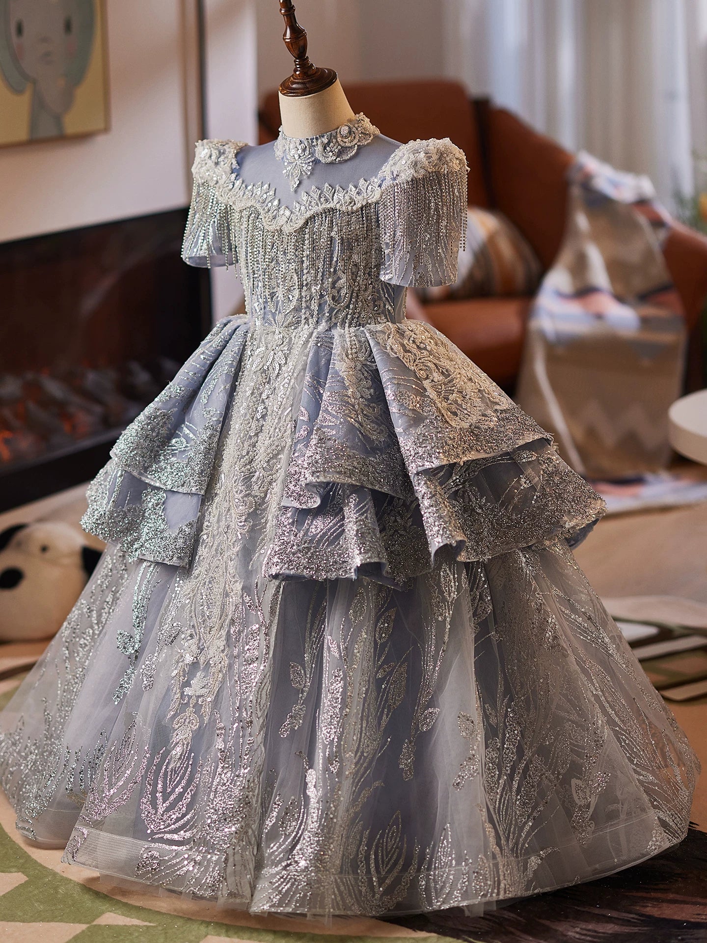 Dusty Blue Sequin Mesh Maxi Dress for Girls | Party & Flower Girl Gown