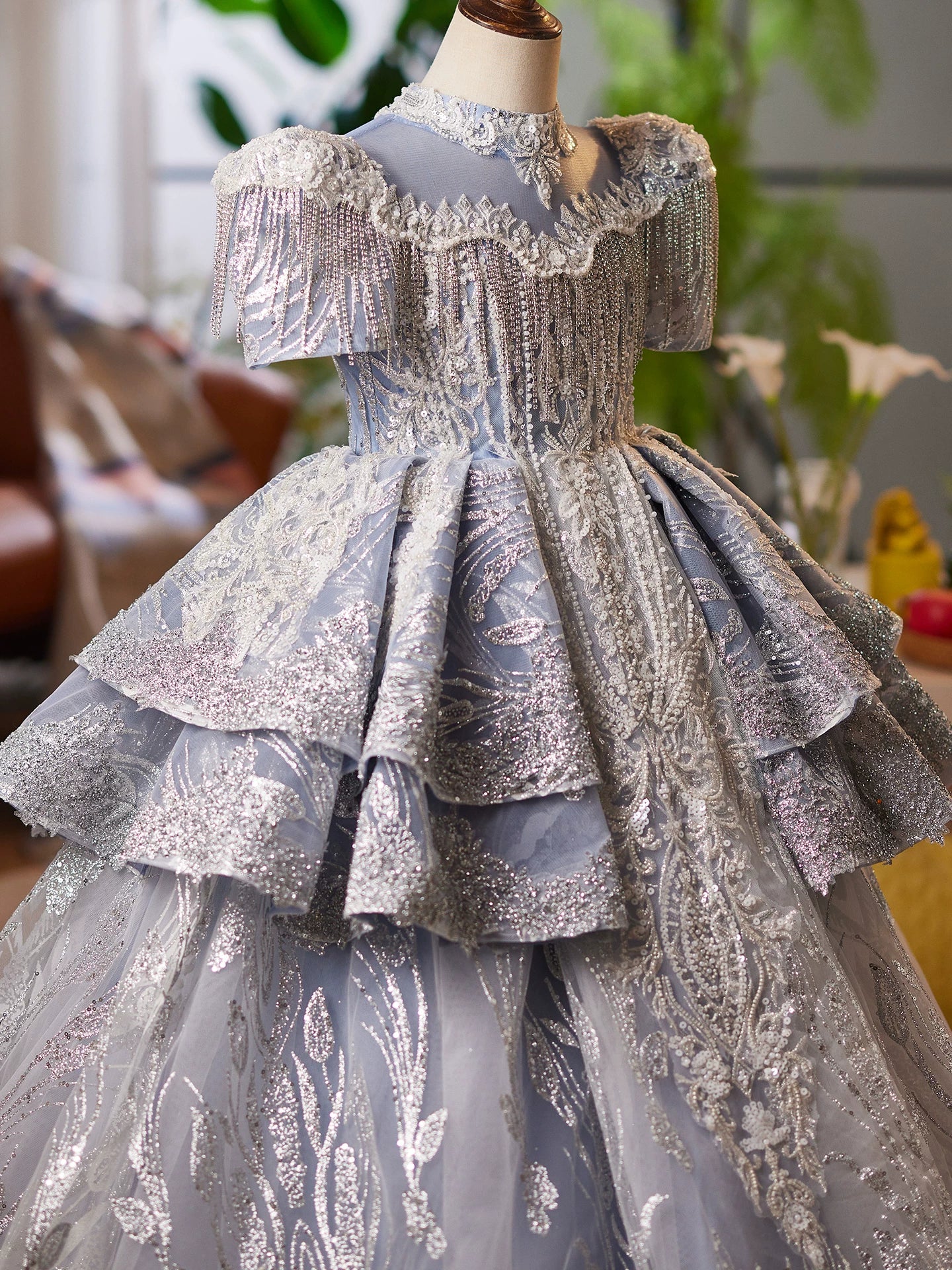 Dusty Blue Sequin Mesh Maxi Dress for Girls | Party & Flower Girl Gown