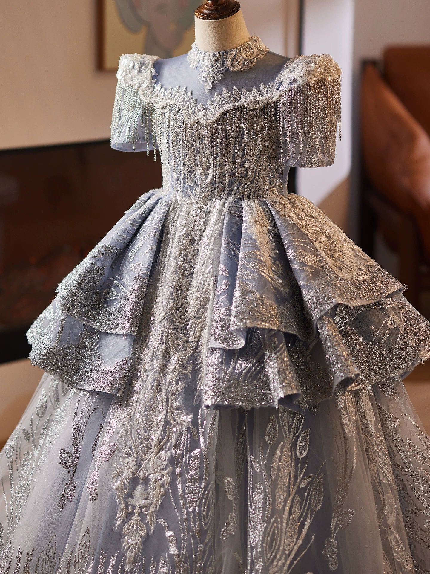 Dusty Blue Sequin Mesh Maxi Dress for Girls | Party & Flower Girl Gown