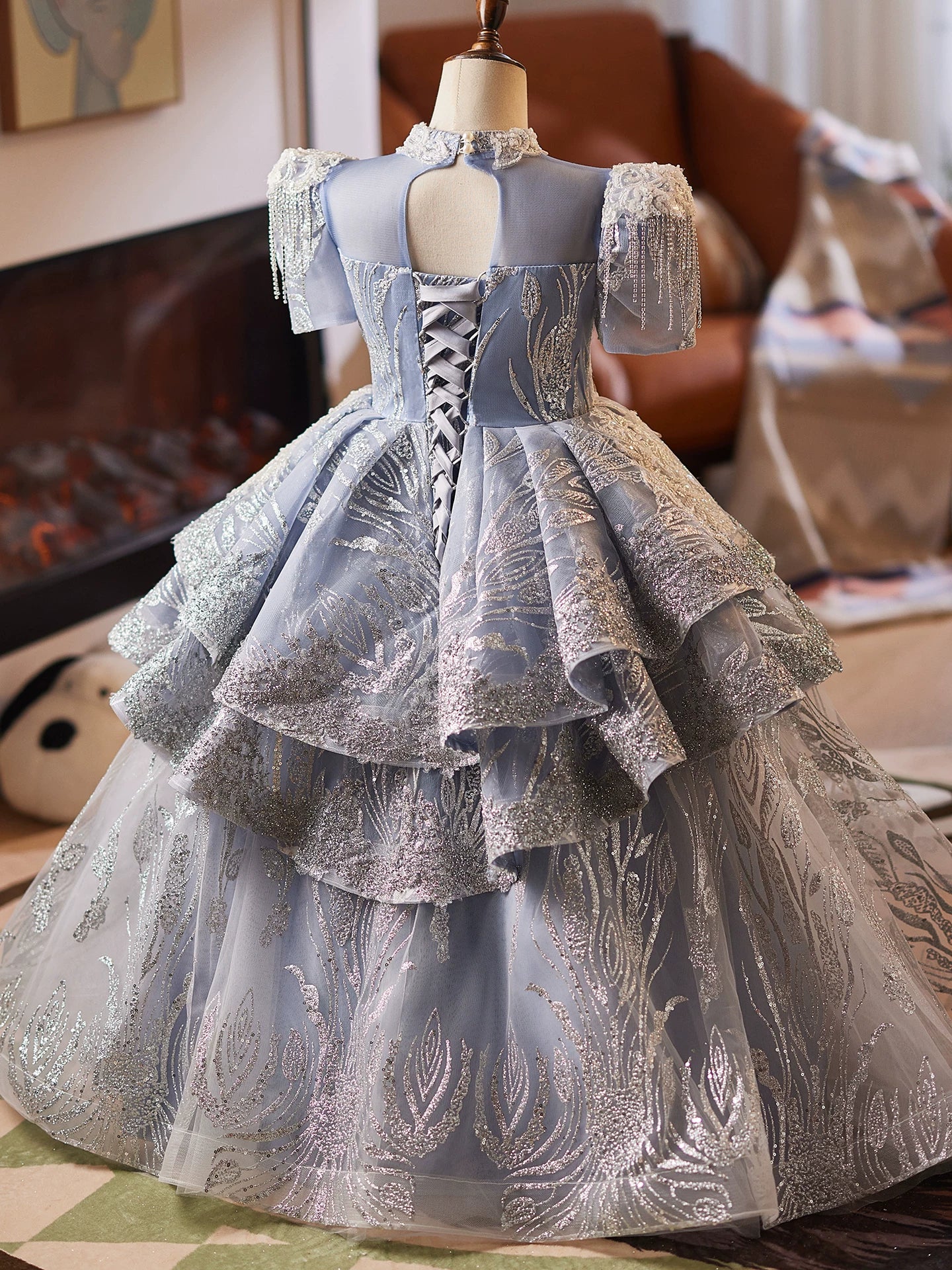 Dusty Blue Sequin Mesh Maxi Dress for Girls | Party & Flower Girl Gown