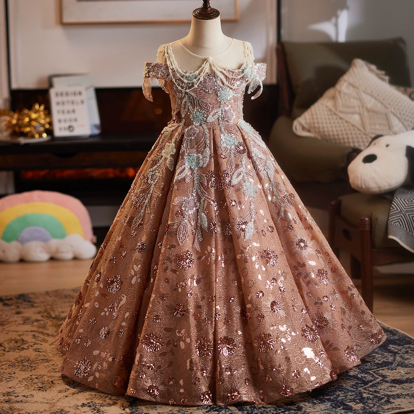 Dusty Rose Sequin Embroidered Maxi Princess Dress for Girls – A-line, Party & Wedding Gown