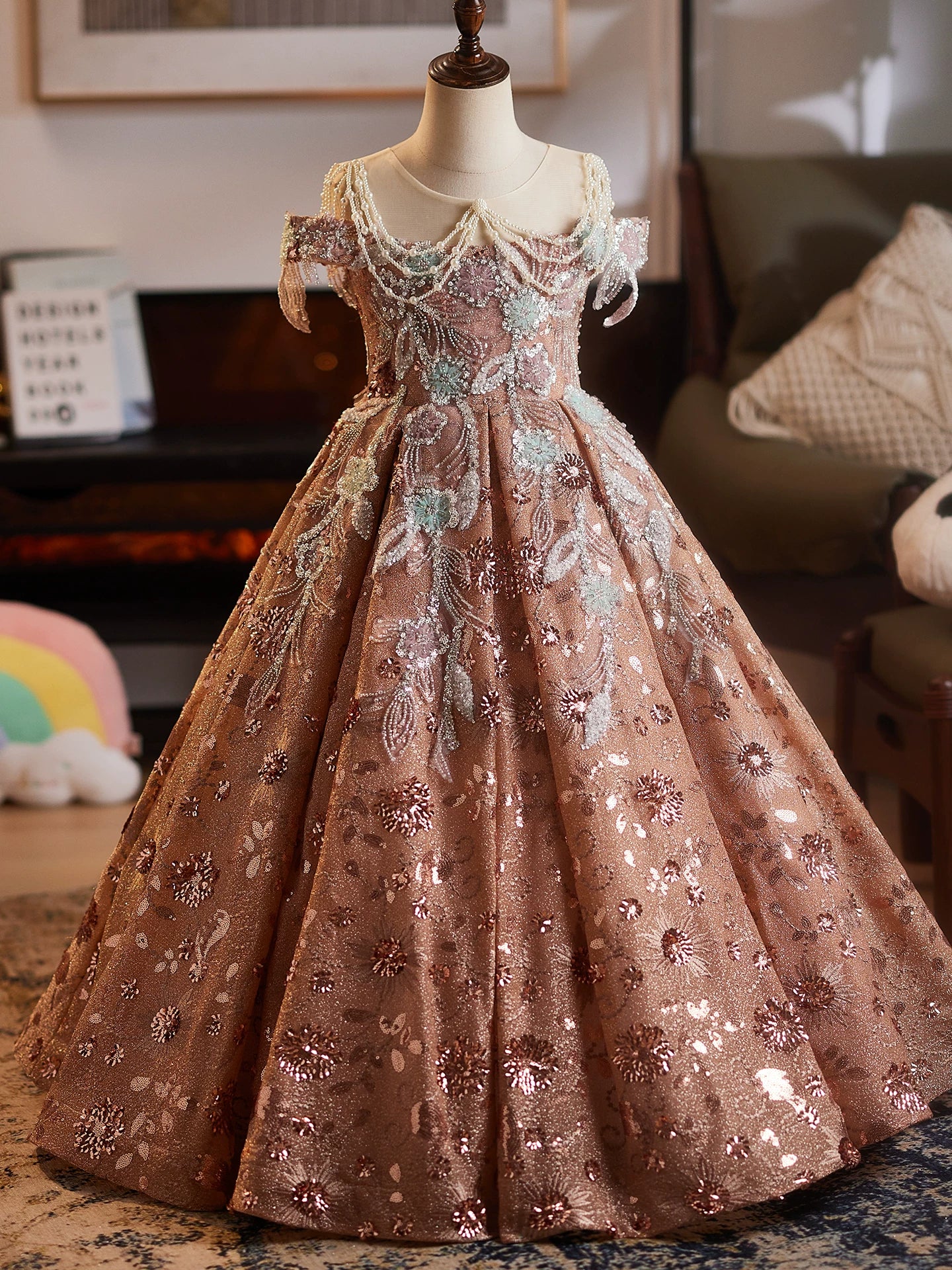 Dusty Rose Sequin Embroidered Maxi Princess Dress for Girls – A-line, Party & Wedding Gown