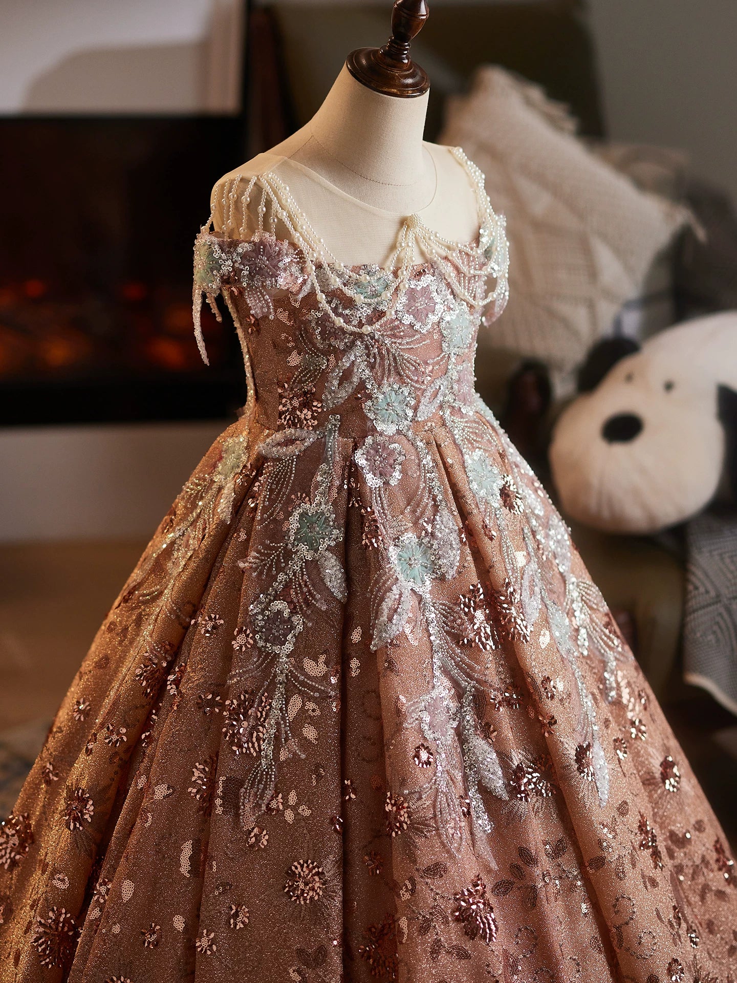 Dusty Rose Sequin Embroidered Maxi Princess Dress for Girls – A-line, Party & Wedding Gown