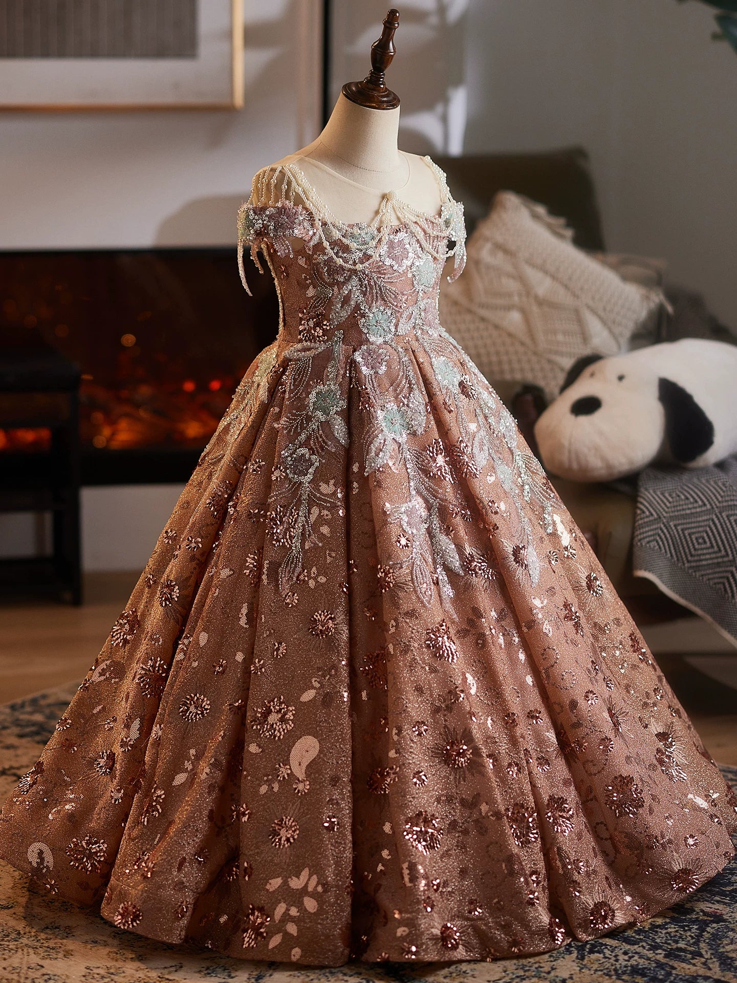 Dusty Rose Sequin Embroidered Maxi Princess Dress for Girls – A-line, Party & Wedding Gown