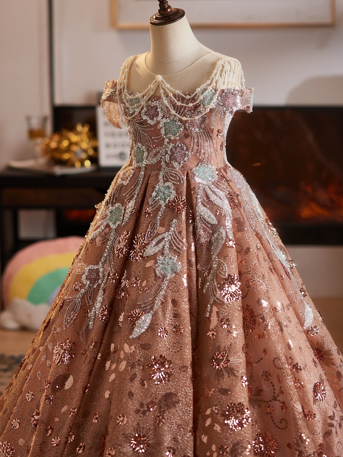 Dusty Rose Sequin Embroidered Maxi Princess Dress for Girls – A-line, Party & Wedding Gown