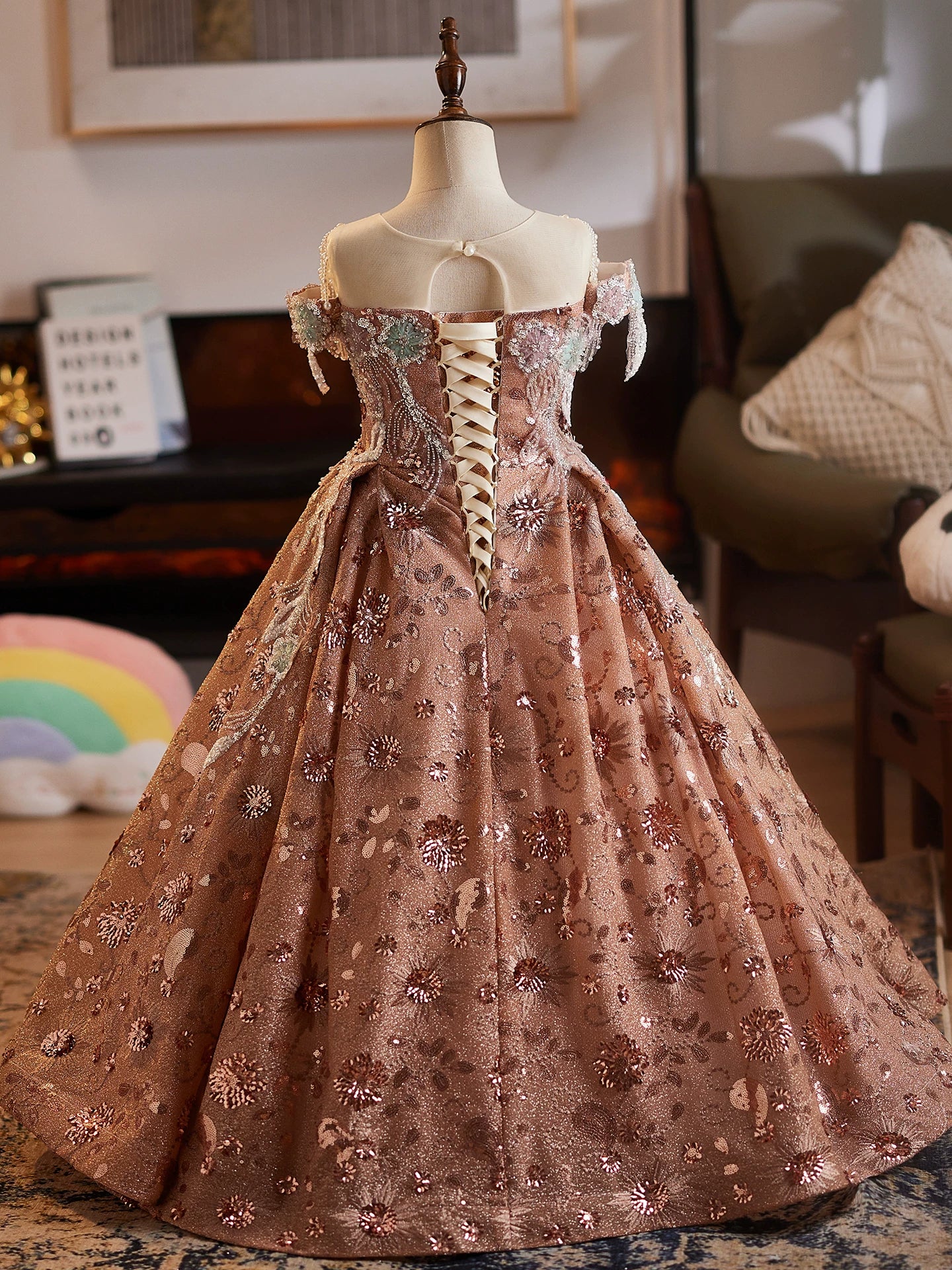 Dusty Rose Sequin Embroidered Maxi Princess Dress for Girls – A-line, Party & Wedding Gown