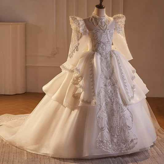 Ivory Girls' A-Line Maxi Dress with Sequin Tiered Skirt & Train – Elegant Formal Gown