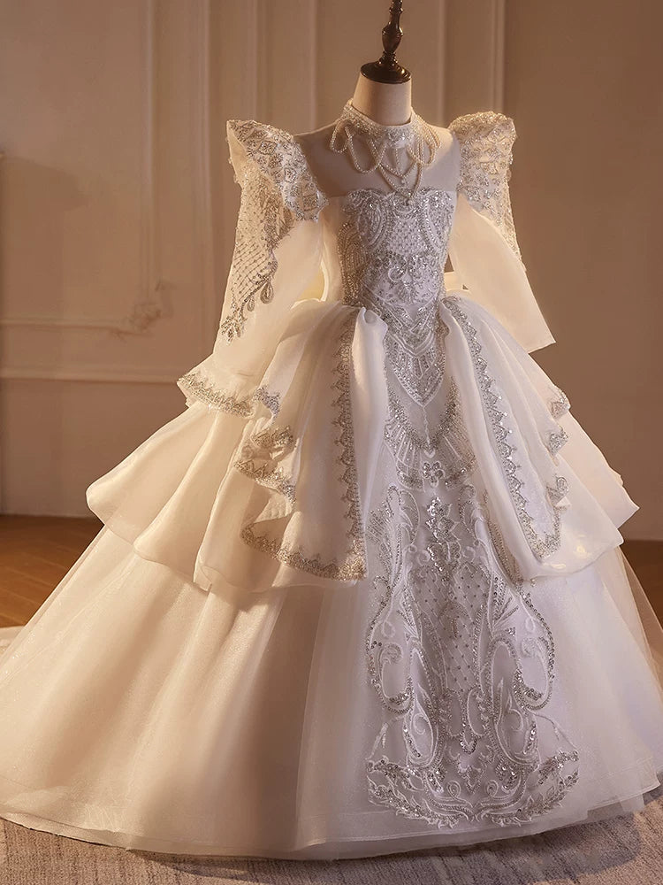 Ivory Girls' A-Line Maxi Dress with Sequin Tiered Skirt & Train – Elegant Formal Gown