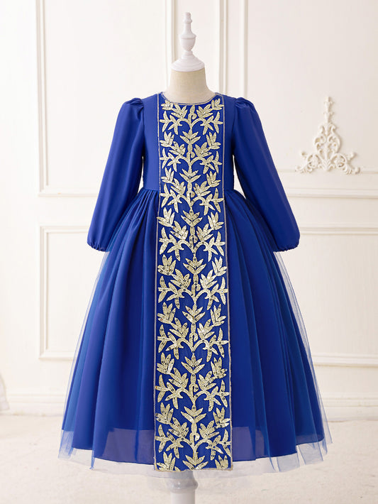 A-Line Elegant Embroidered Maxi Tulle Dress for Girls | Special Occasion Formalwear